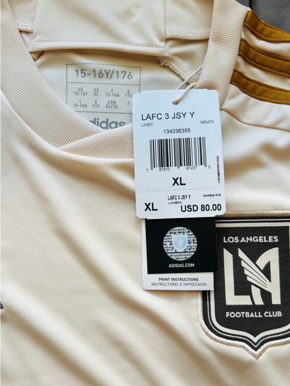 adidas Los Angeles FC Cream with Gold Accent Jersey XL kids